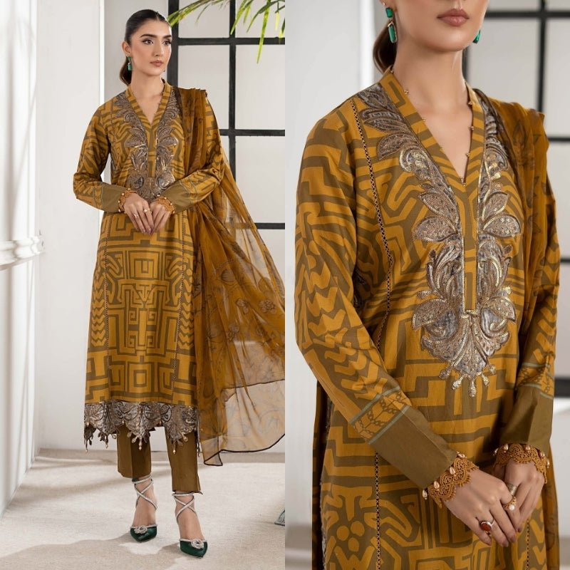3PC DIGITAL PRINTED SILK SUIT WITH PATCHES - SR - 670 - Rangoli Store